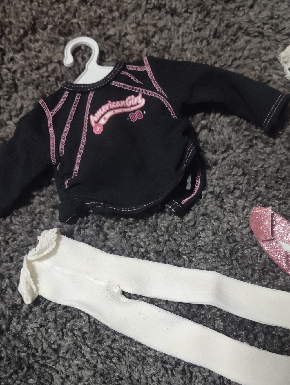 American Girl Black Top with Pink Logo and White Tights And Shoes And A Skirt
